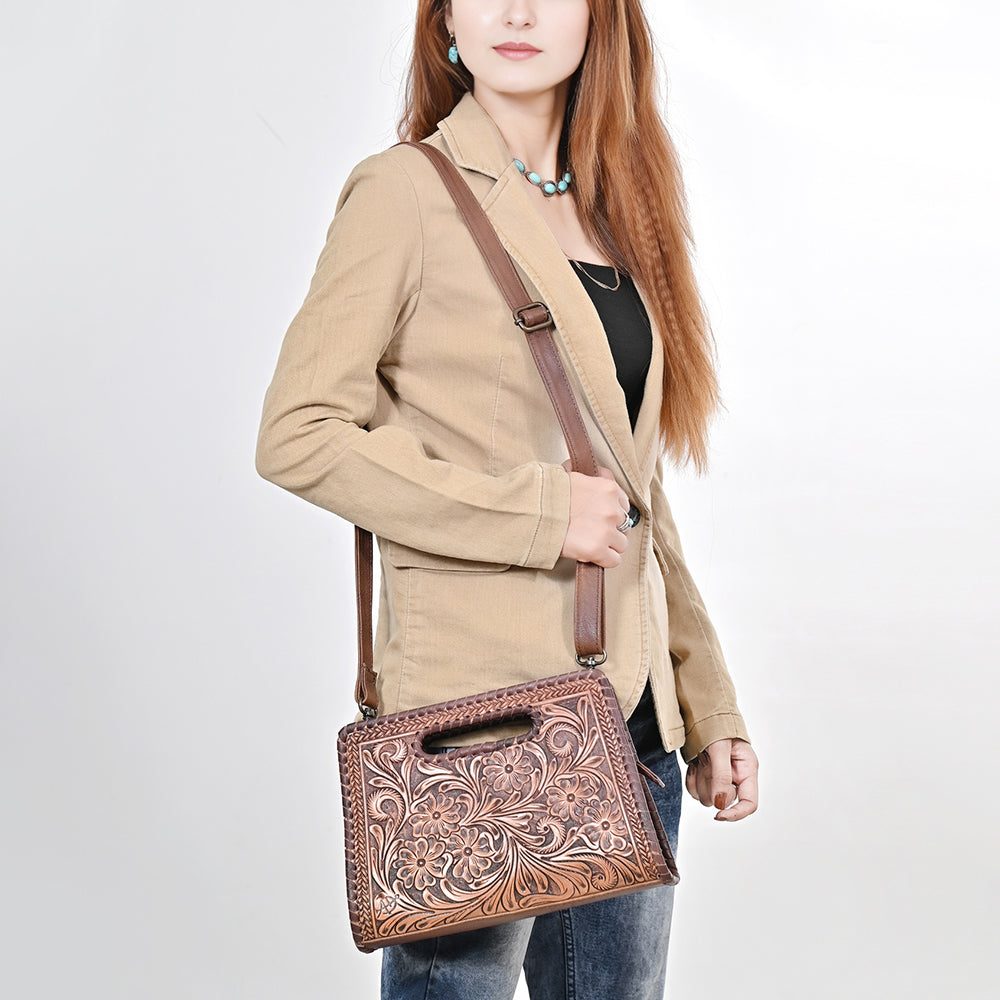 ADBG1060 American Darling Hand-Tooled Floral Leather Clutch Bag - Western Style Genuine Leather Crossbody