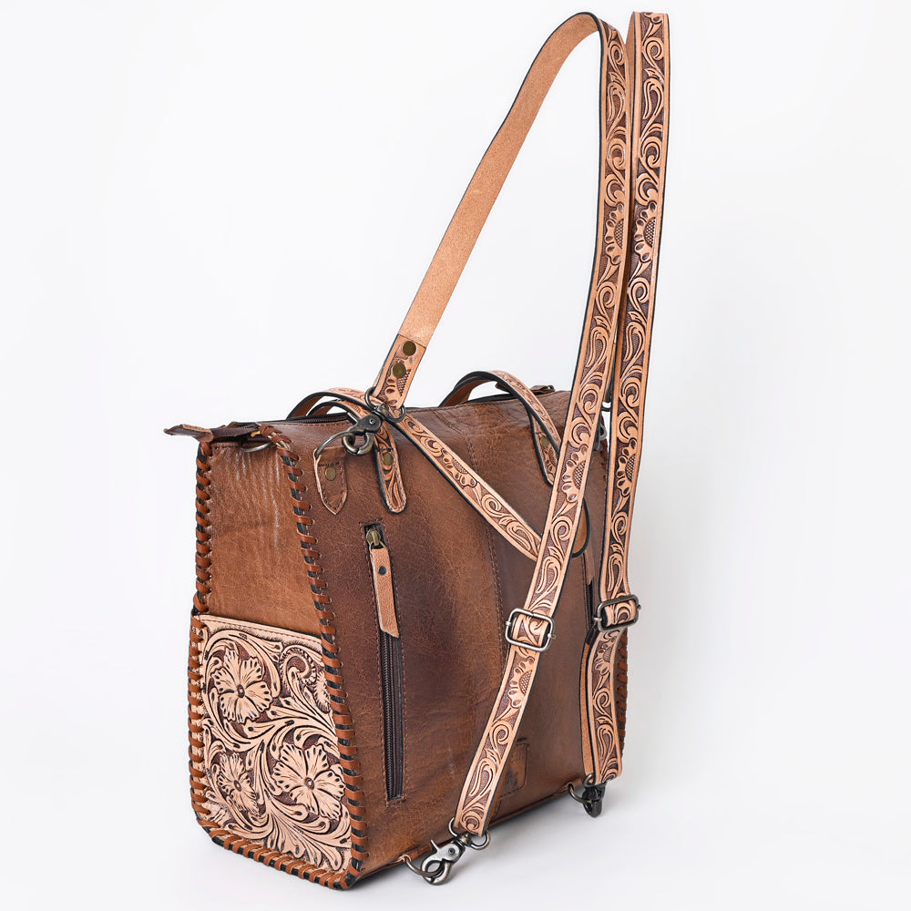 ADBG1061 American Darling Hand-Tooled Leather Backpack Tote - Genuine Floral Carved Western Convertible Bag