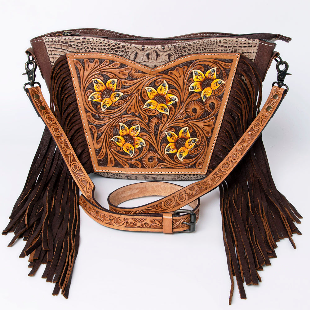ADBG1063 American Darling Hand-Tooled Floral Leather Crossbody Bag with Fringe - Western Boho Saddle Purse