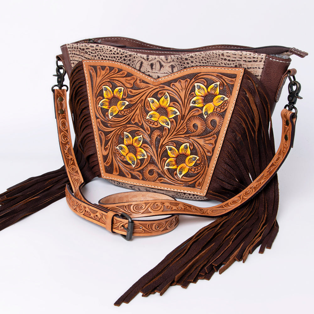 ADBG1063 American Darling Hand-Tooled Floral Leather Crossbody Bag with Fringe - Western Boho Saddle Purse