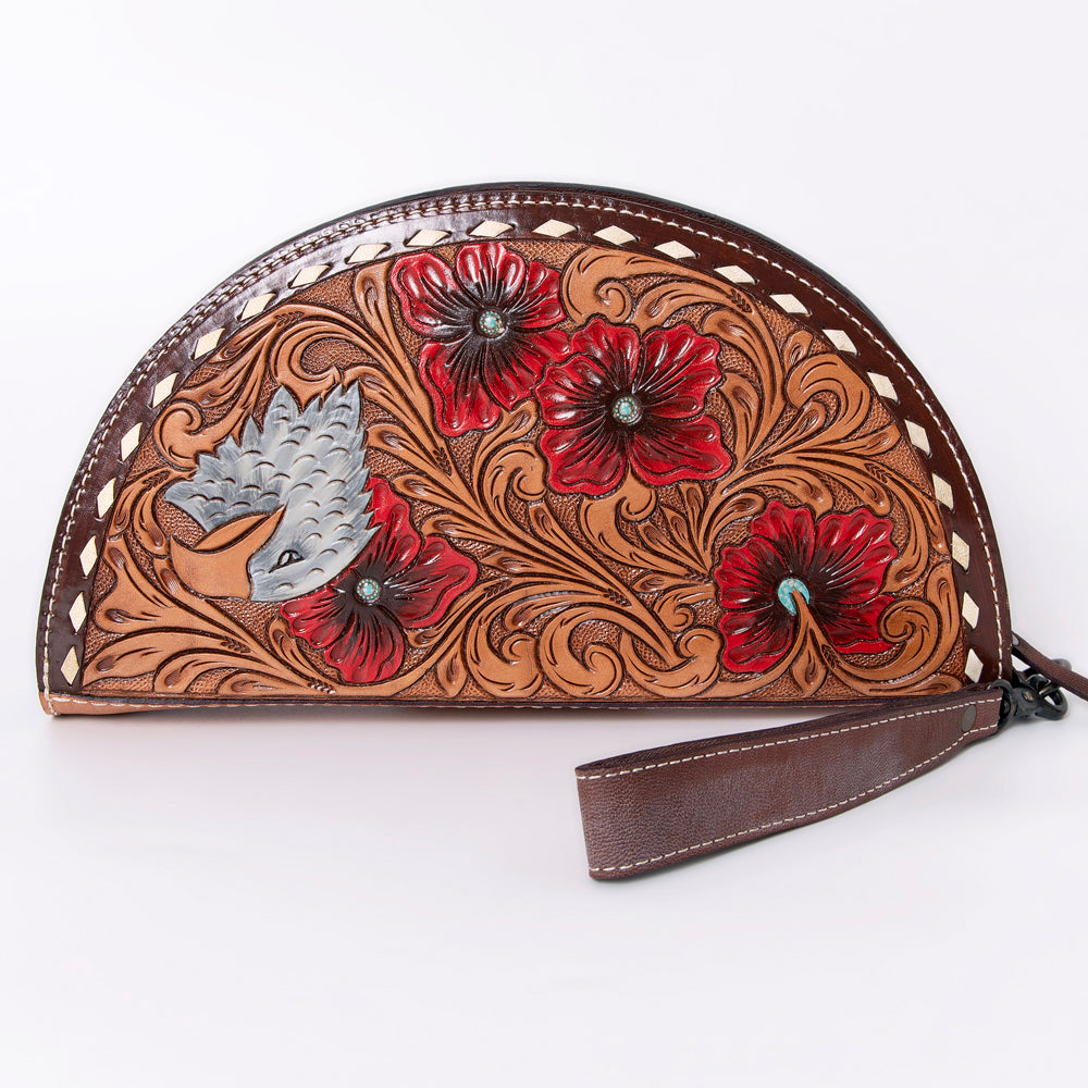 ADBG1071 American Darling Hand-Tooled Leather Taco Handbag - Western Floral Carved Genuine Leather Wristlet