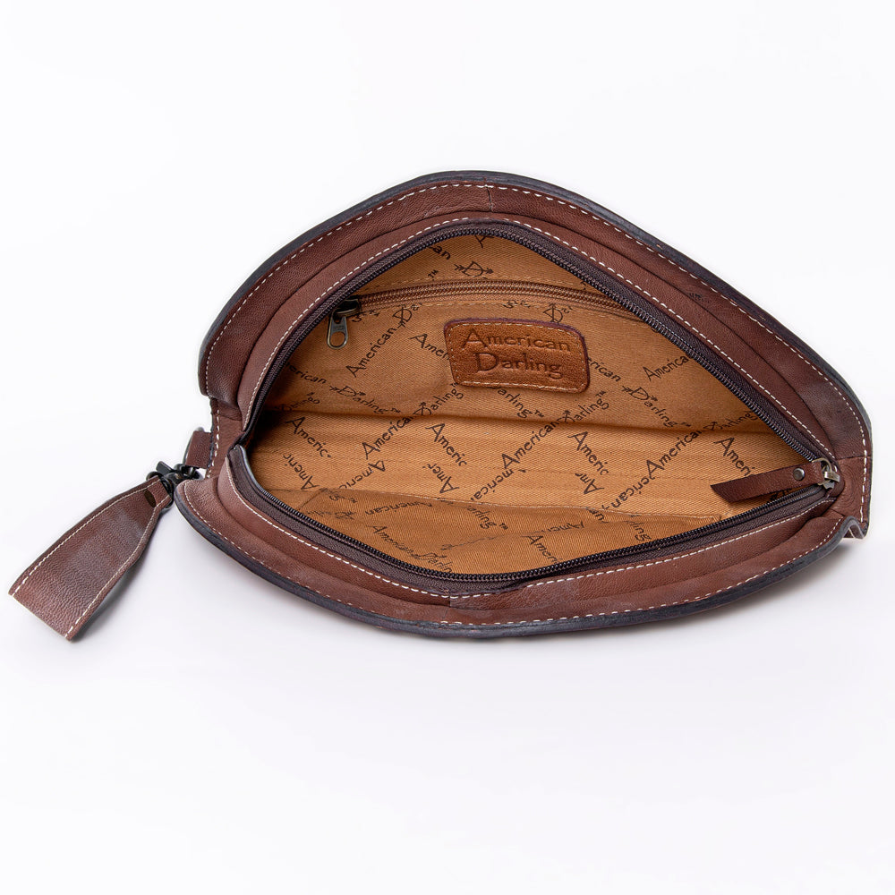 ADBG1071 American Darling Hand-Tooled Leather Taco Handbag - Western Floral Carved Genuine Leather Wristlet