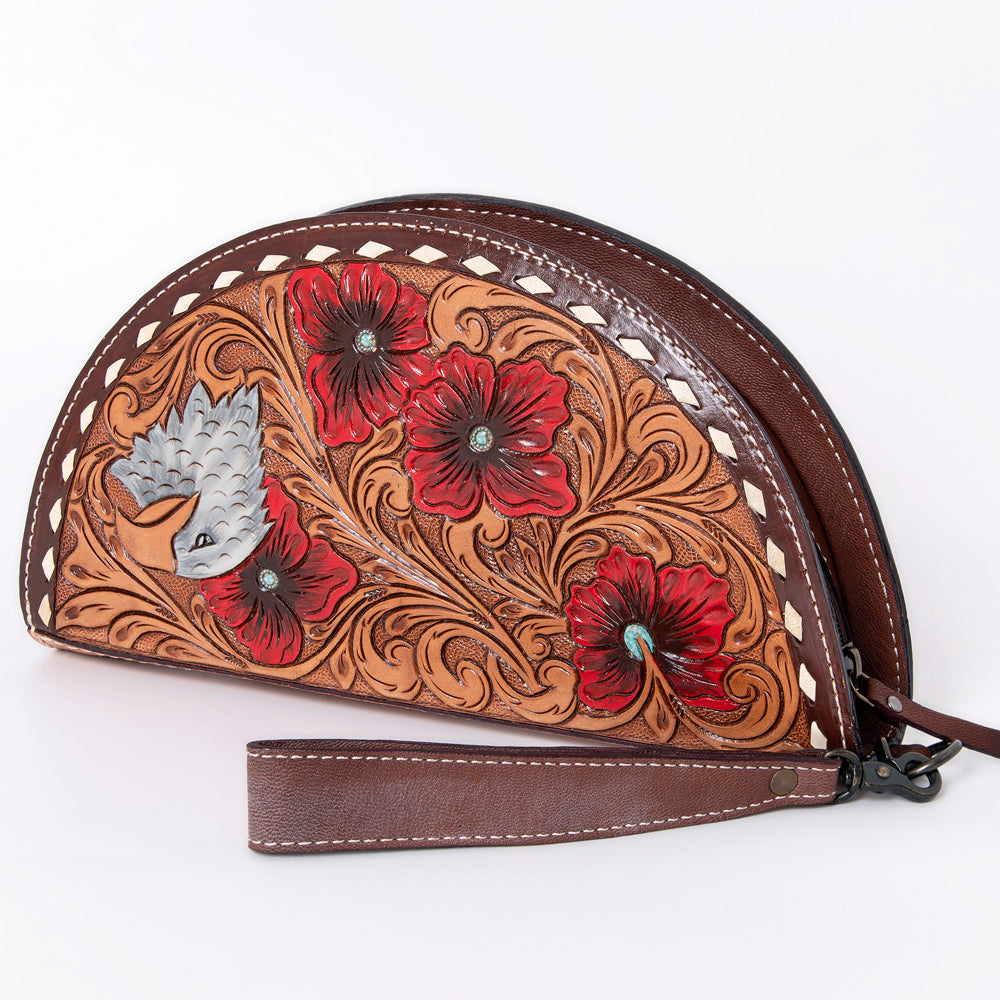 ADBG1071 American Darling Hand-Tooled Leather Taco Handbag - Western Floral Carved Genuine Leather Wristlet