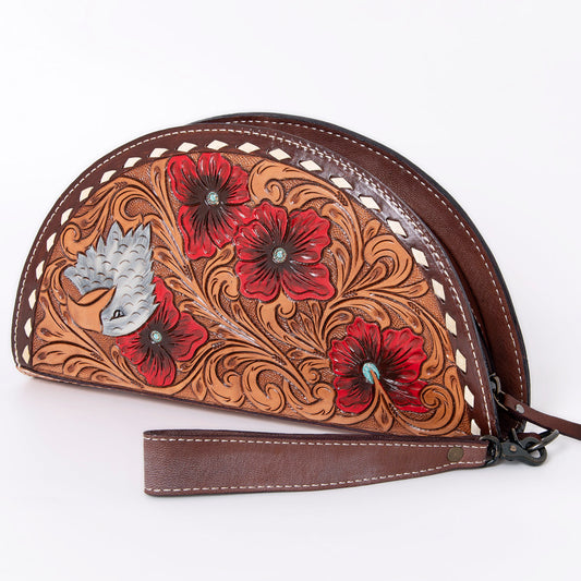 ADBG1071 American Darling Hand-Tooled Leather Taco Handbag - Western Floral Carved Genuine Leather Wristlet