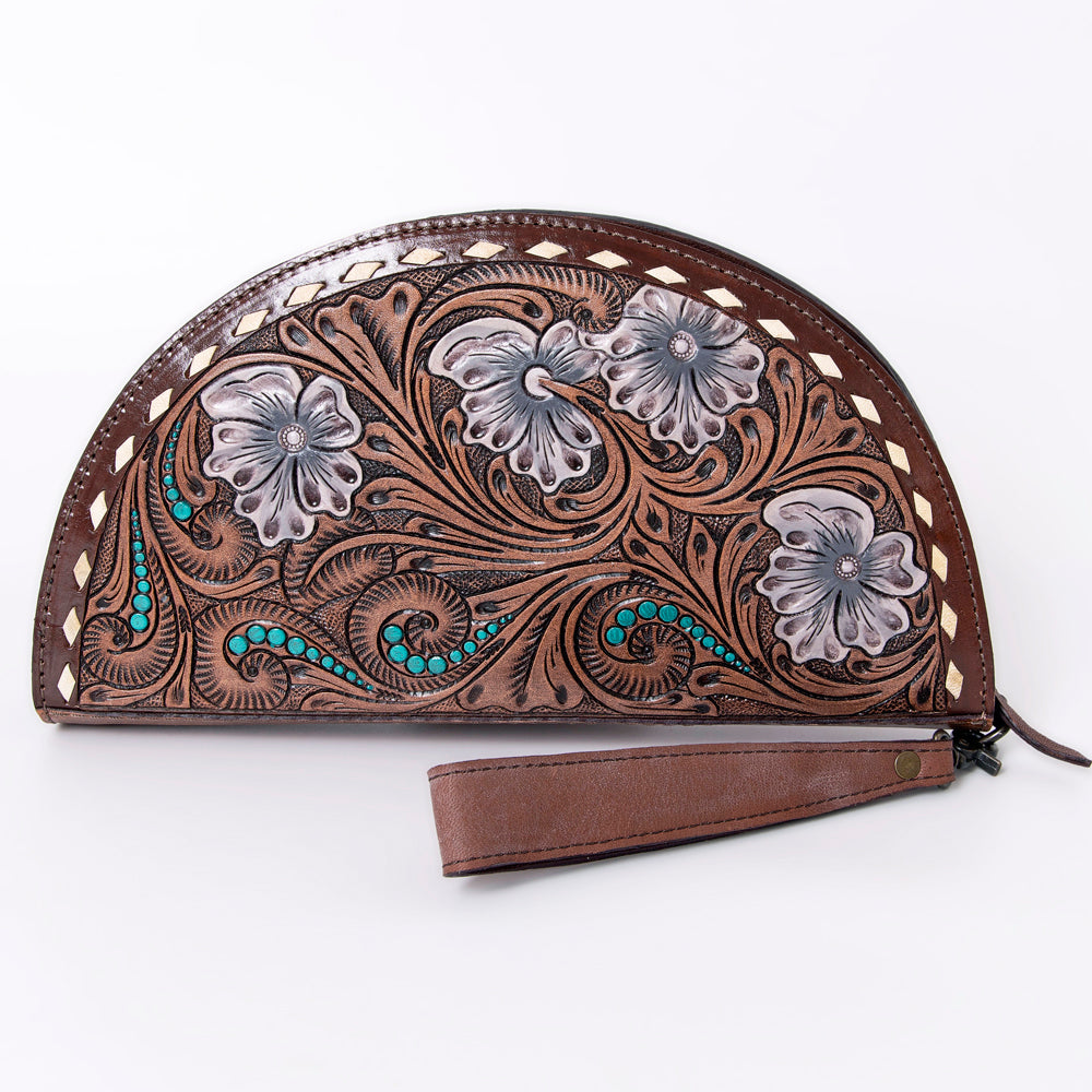 ADBG1072 American Darling Hand-Tooled Leather Taco Handbag - Western Floral Carved Genuine Leather Clutch