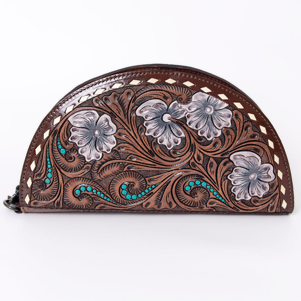 ADBG1072 American Darling Hand-Tooled Leather Taco Handbag - Western Floral Carved Genuine Leather Clutch