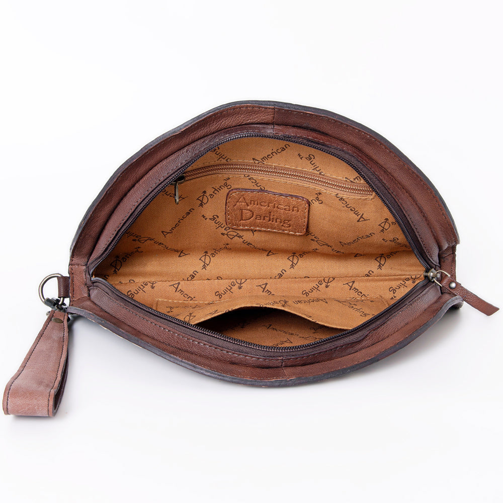 ADBG1072 American Darling Hand-Tooled Leather Taco Handbag - Western Floral Carved Genuine Leather Clutch