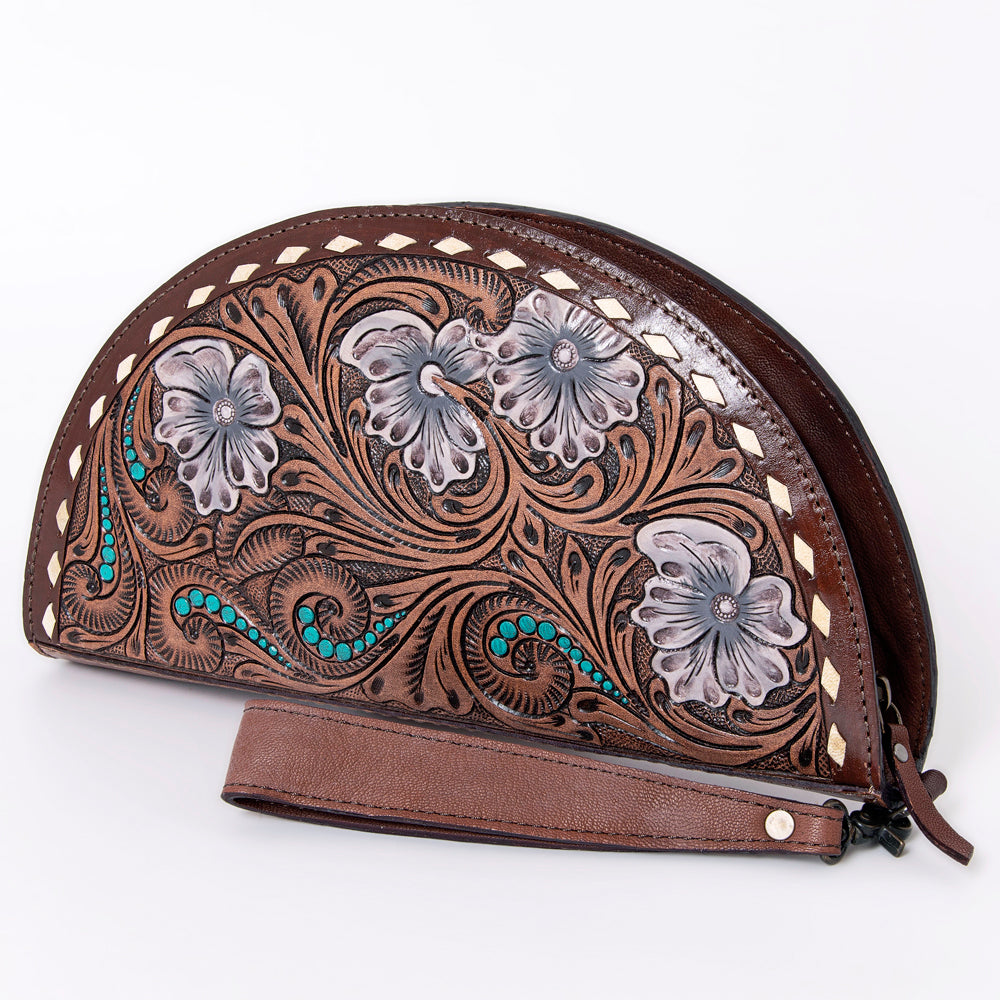 ADBG1072 American Darling Hand-Tooled Leather Taco Handbag - Western Floral Carved Genuine Leather Clutch