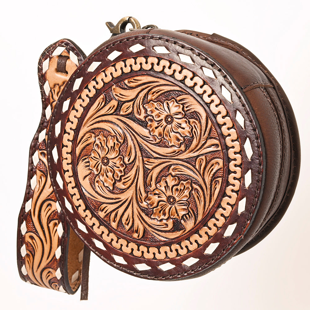 ADBGF135 Round Tooled Leather Canteen Bag - Floral Western Design
