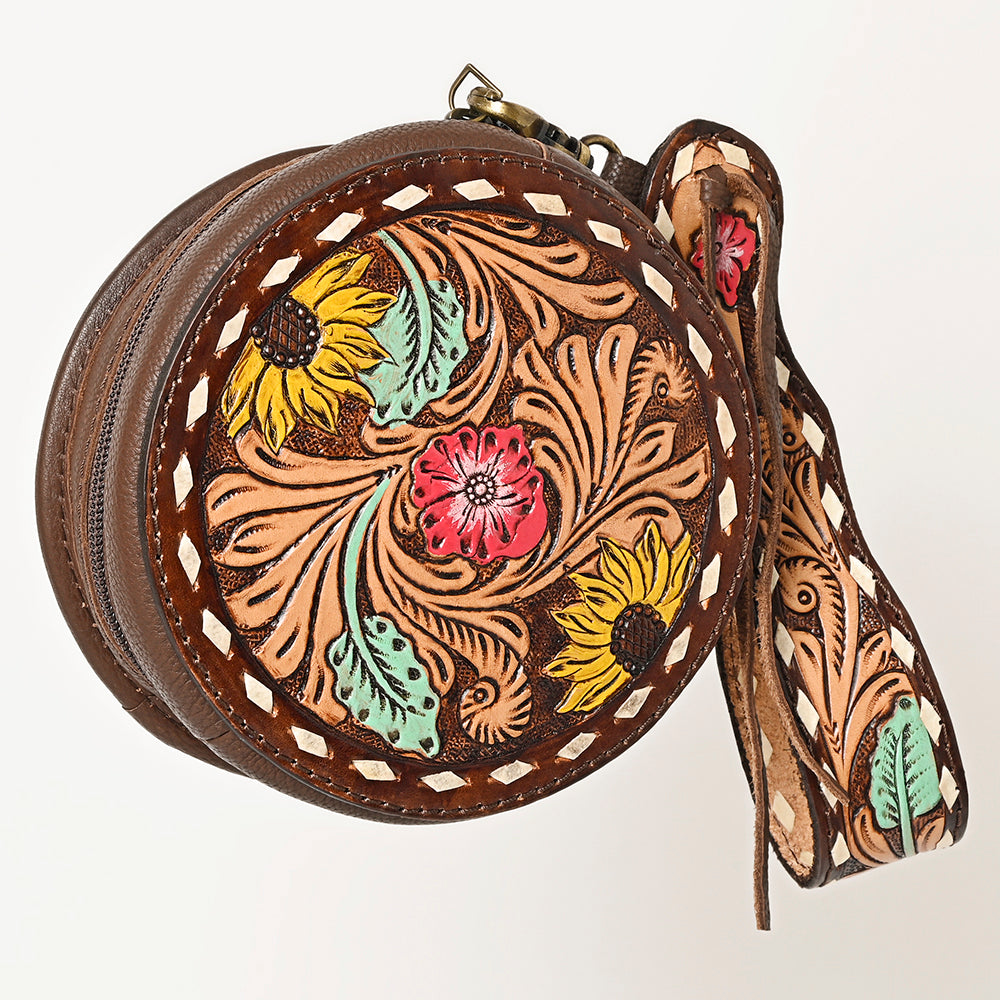 ADBGF135 Round Tooled Leather Canteen Bag - Floral Western Design