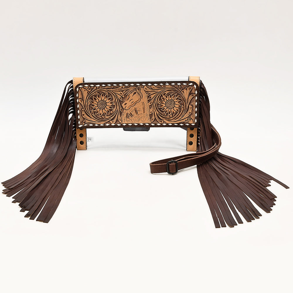 ADBGZ717 Clear Bag Fringe Crossbody with Tooled Leather Horse Design - Stadium Approved