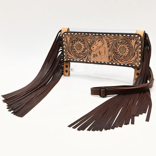 ADBGZ717 Clear Bag Fringe Crossbody with Tooled Leather Horse Design - Stadium Approved