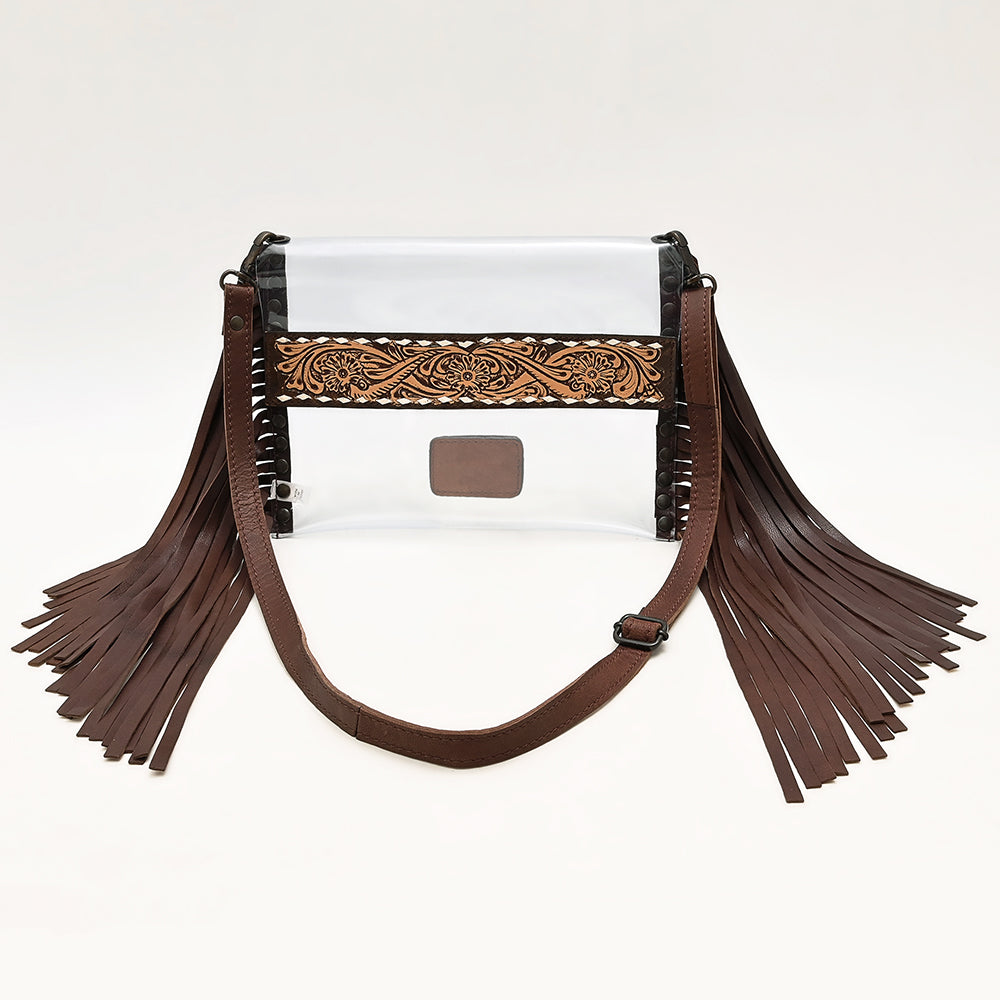 ADBGZ718 Western Clear Fringe Crossbody Bag with Tooled Leather Accent - Stadium Approved