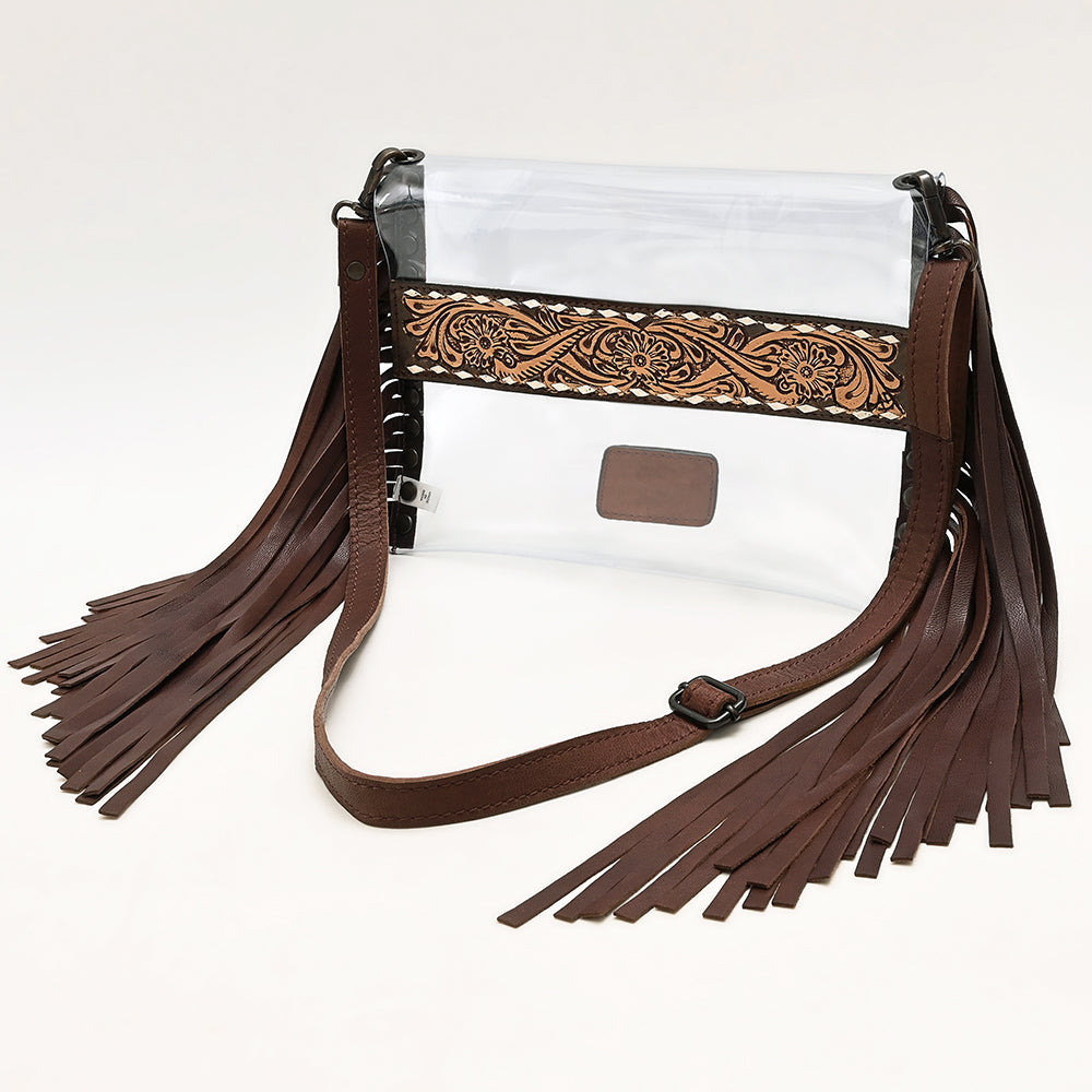 ADBGZ718 Western Clear Fringe Crossbody Bag with Tooled Leather Accent - Stadium Approved