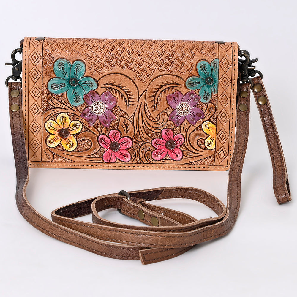 ADBG485 Western Hand Tooled Leather Floral Crossbody Organiser Bag