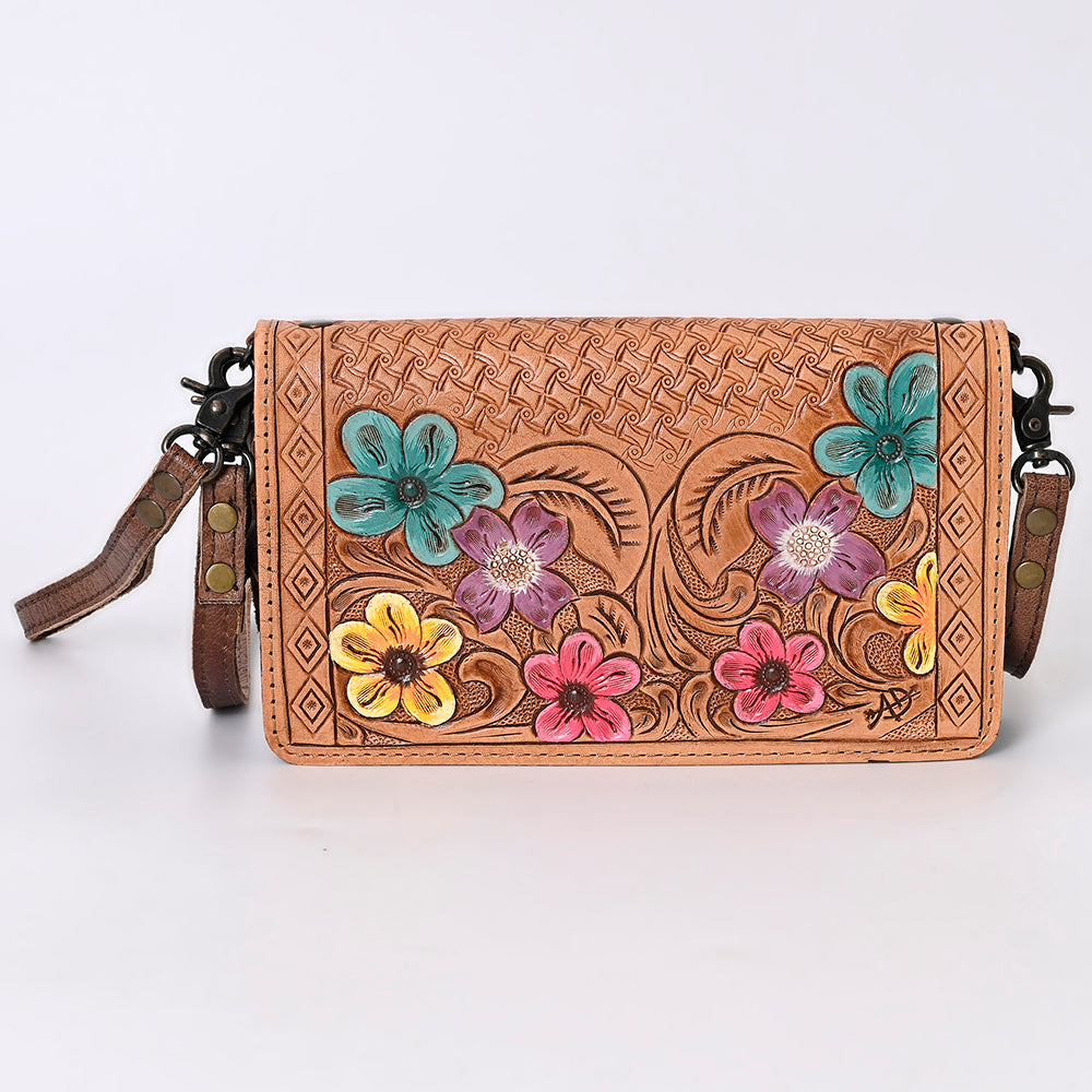 ADBG485 Western Hand Tooled Leather Floral Crossbody Organiser Bag