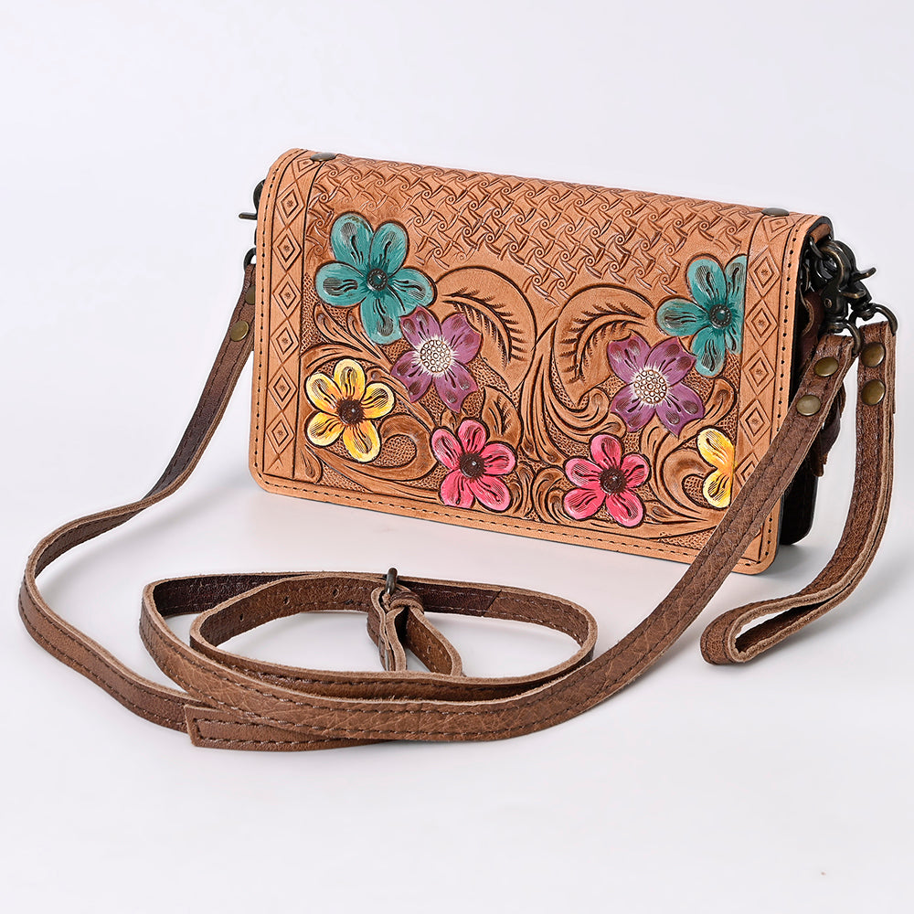 ADBG485 Western Hand Tooled Leather Floral Crossbody Organiser Bag