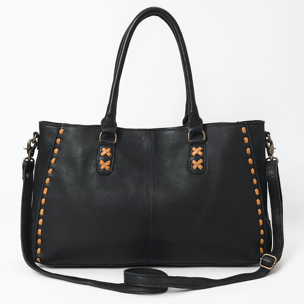 ADBGM127C Black Leather Tote Bag - Western Stitch Accent Handbag with Crossbody Strap
