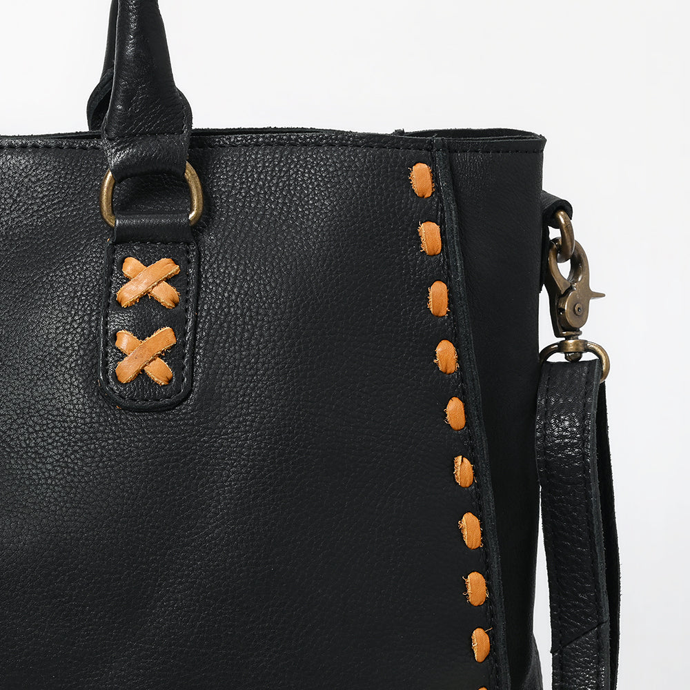 ADBGM127C Black Leather Tote Bag - Western Stitch Accent Handbag with Crossbody Strap