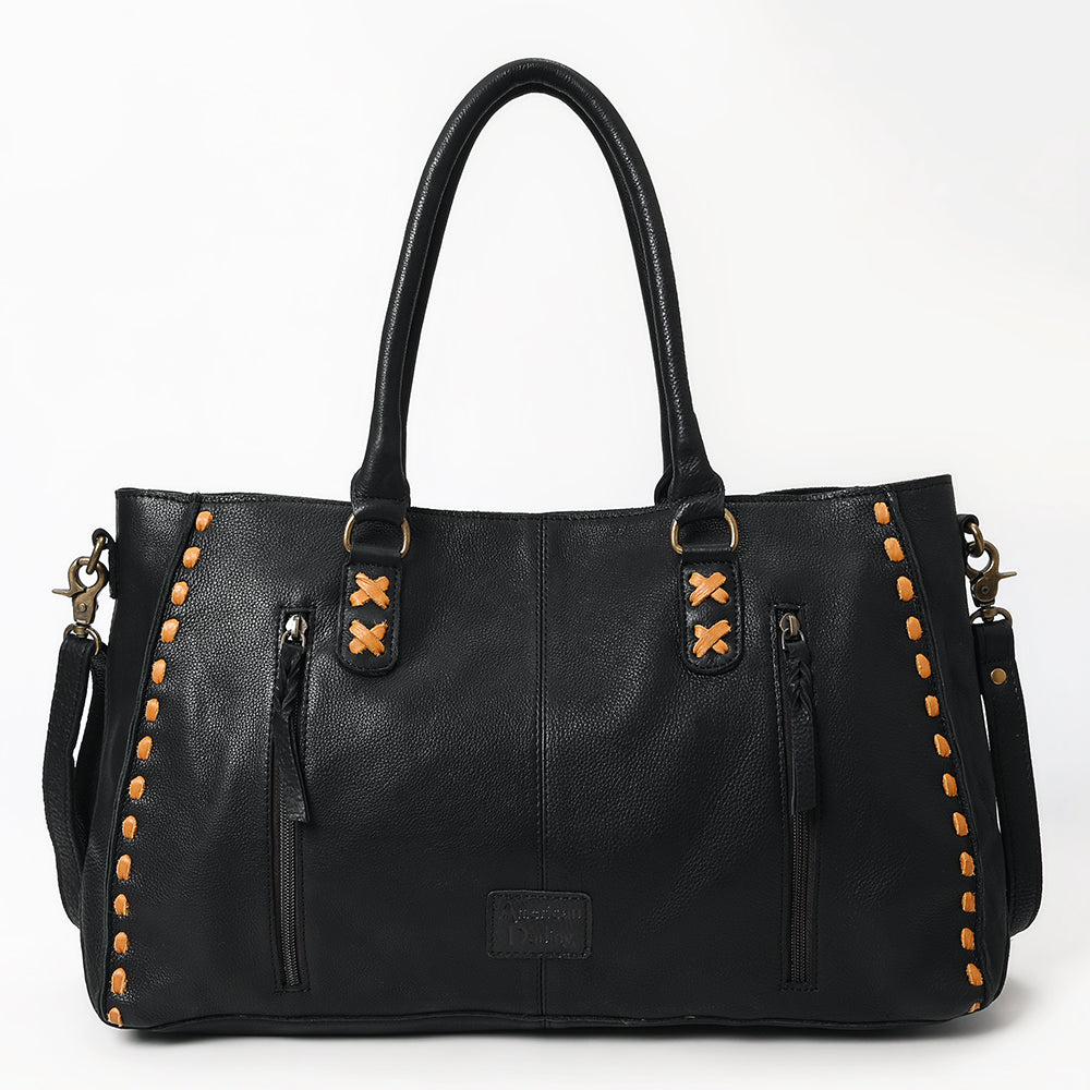 ADBGM127C Black Leather Tote Bag - Western Stitch Accent Handbag with Crossbody Strap