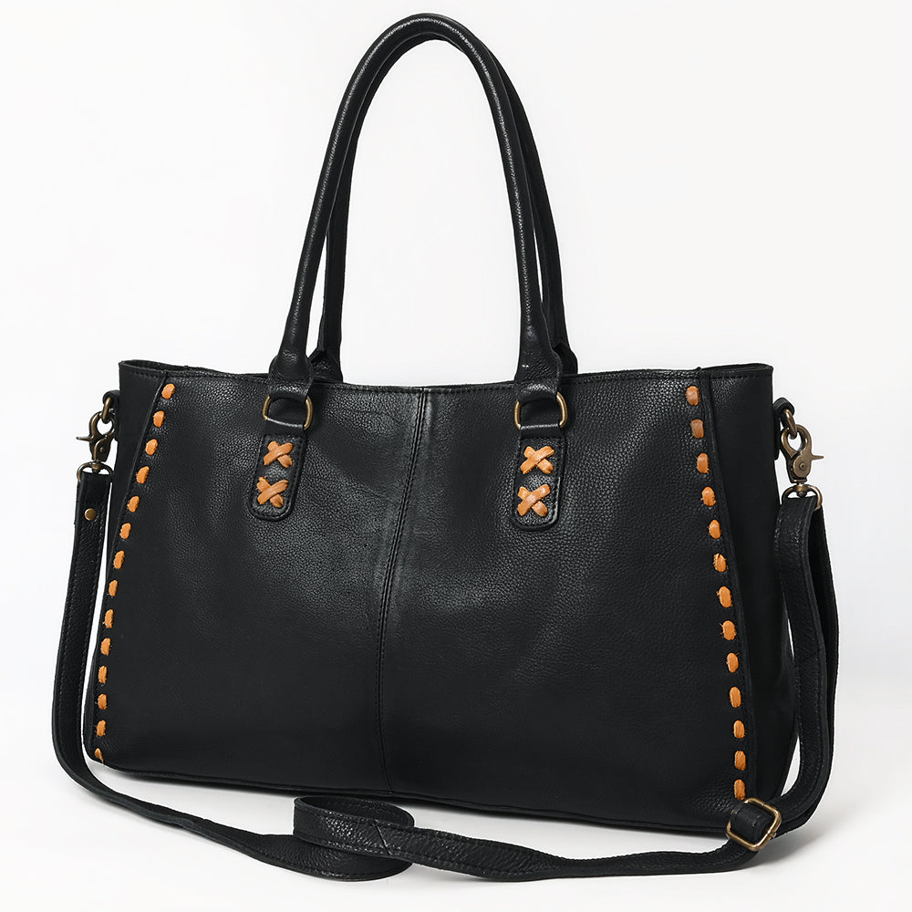 ADBGM127C Black Leather Tote Bag - Western Stitch Accent Handbag with Crossbody Strap