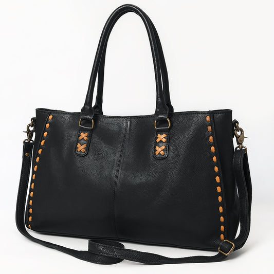 ADBGM127C Black Leather Tote Bag - Western Stitch Accent Handbag with Crossbody Strap