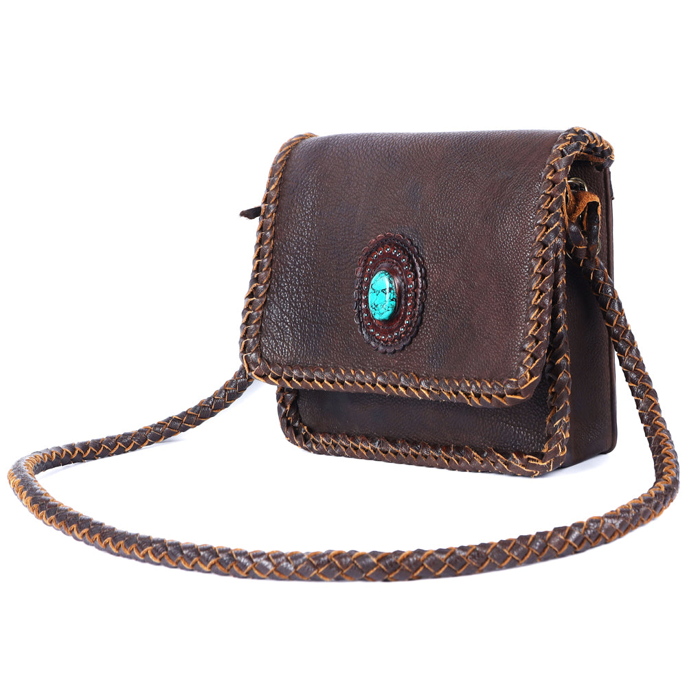 ADBGM261 Handcrafted Leather Crossbody Bag with Turquoise Concho & Braided Trim - Western Shoulder Purse