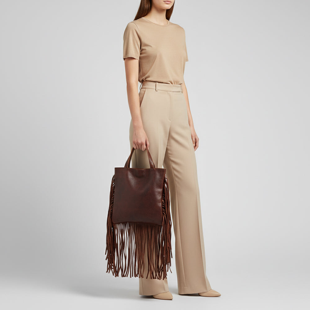 ADBGM305 Rustic Leather Fringe Tote - Boho Western Bag with Long Fringe Detail