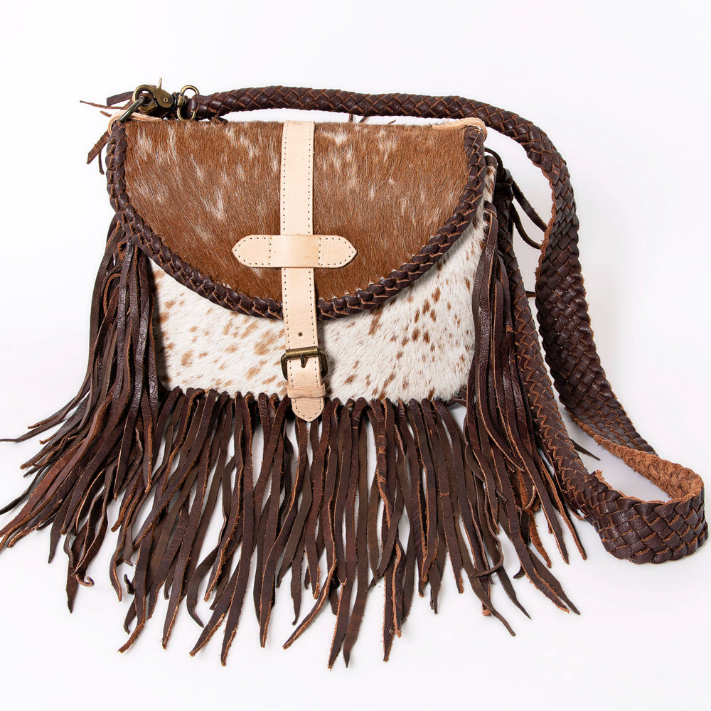 ADBGM314 Crossbody Fringe Bag - Genuine Cowhide Leather with Braided Strap & Western Buckle