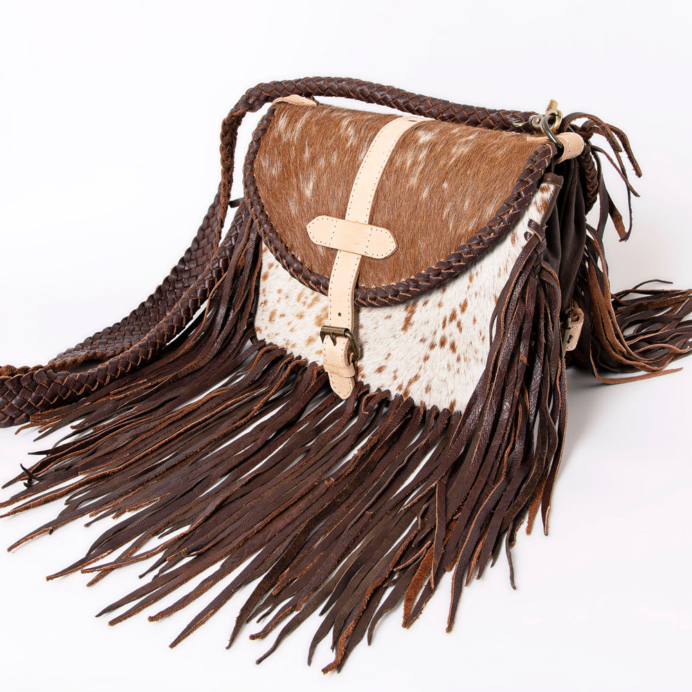 ADBGM314 Crossbody Fringe Bag - Genuine Cowhide Leather with Braided Strap & Western Buckle