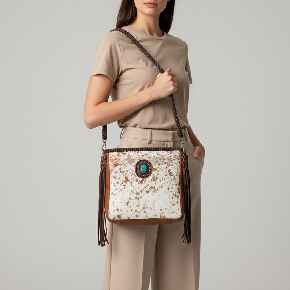 LC-ADBGM318 Cowhide Leather Tote with Turquoise Concho and Fringe - Western Braided Strap Bag