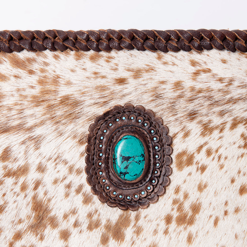 LC-ADBGM318 Cowhide Leather Tote with Turquoise Concho and Fringe - Western Braided Strap Bag