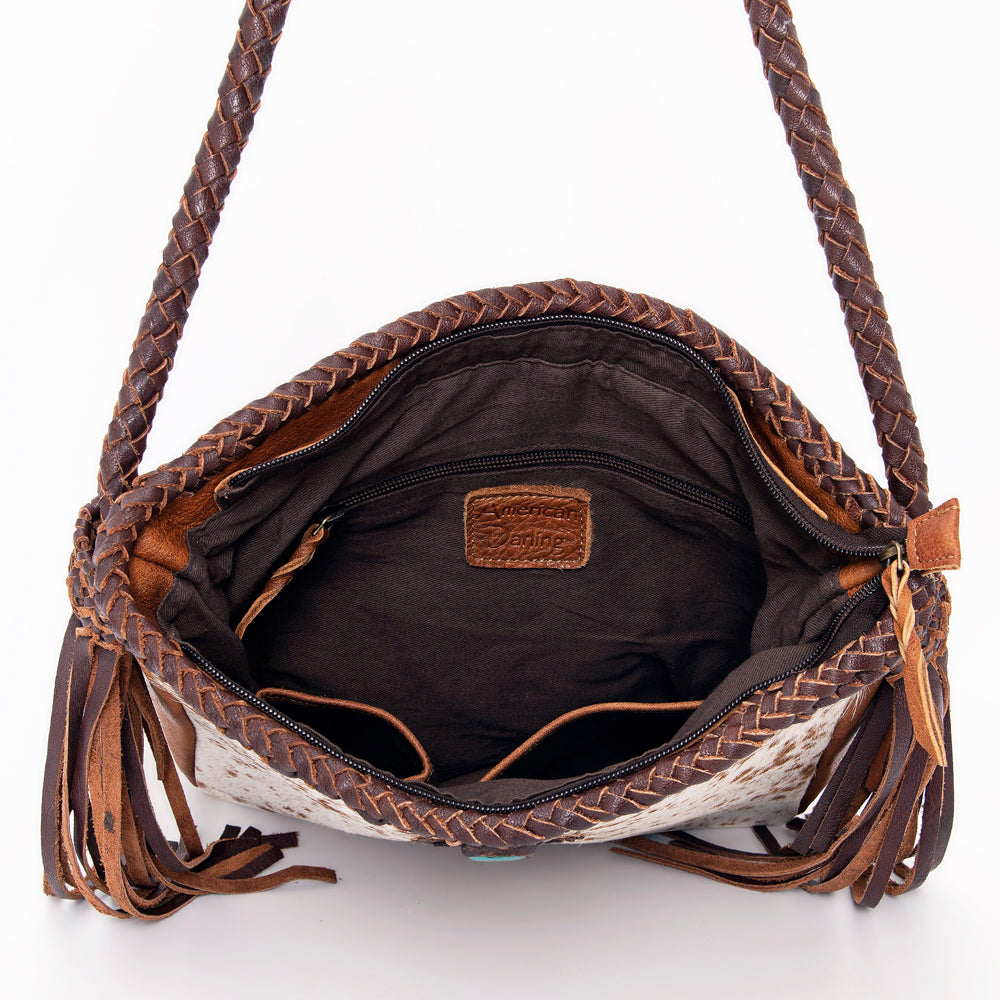 LC-ADBGM318 Cowhide Leather Tote with Turquoise Concho and Fringe - Western Braided Strap Bag
