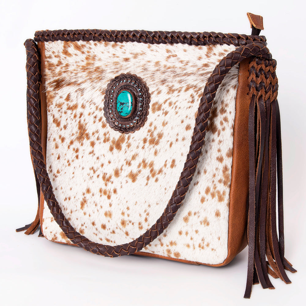 LC-ADBGM318 Cowhide Leather Tote with Turquoise Concho and Fringe - Western Braided Strap Bag