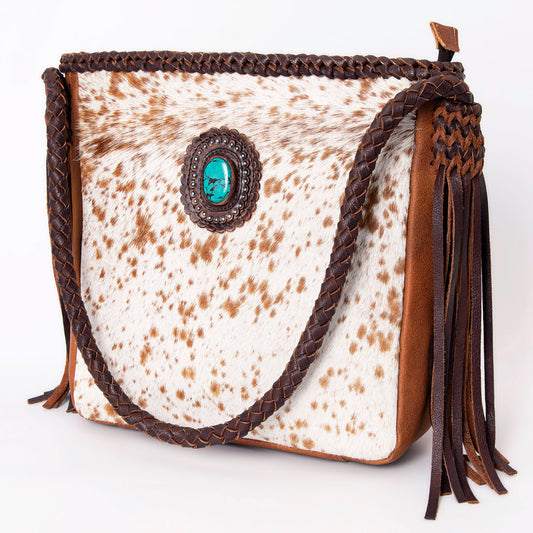 LC-ADBGM318 Cowhide Leather Tote with Turquoise Concho and Fringe - Western Braided Strap Bag