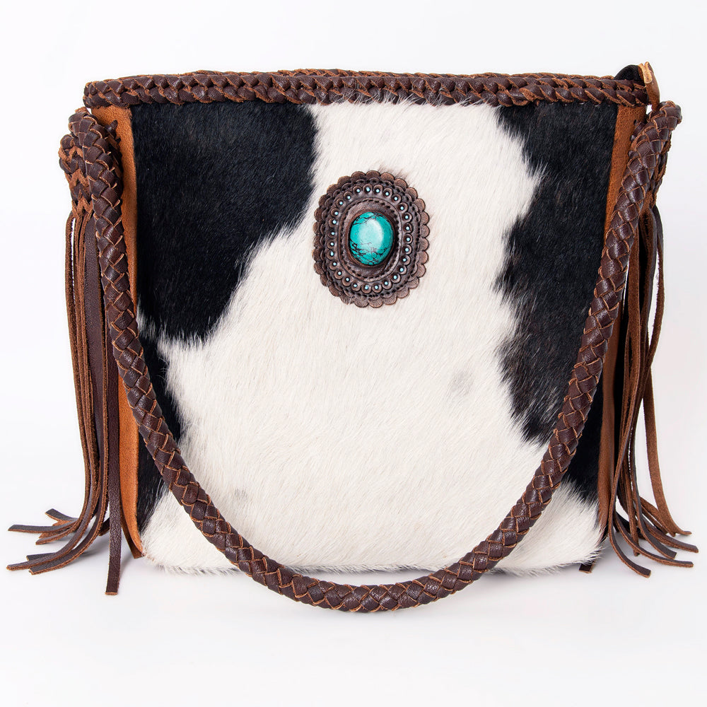 LC-ADBGM318 Cowhide Leather Tote with Turquoise Concho and Fringe - Western Braided Strap Bag