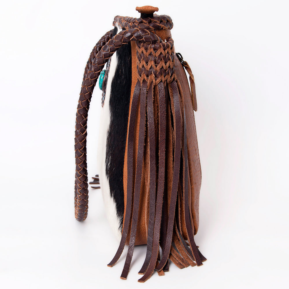 LC-ADBGM318 Cowhide Leather Tote with Turquoise Concho and Fringe - Western Braided Strap Bag