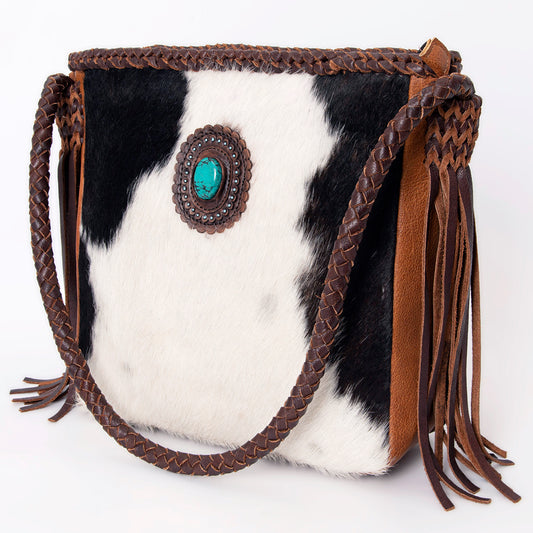 LC-ADBGM318 Cowhide Leather Tote with Turquoise Concho and Fringe - Western Braided Strap Bag