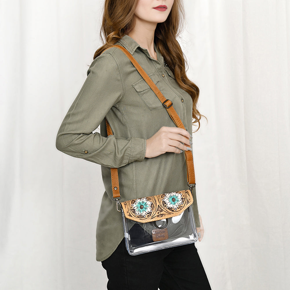 ADBGZ720 Clear Western Crossbody Bag with Turquoise Floral Tooled Leather Flap - Stadium Compliant