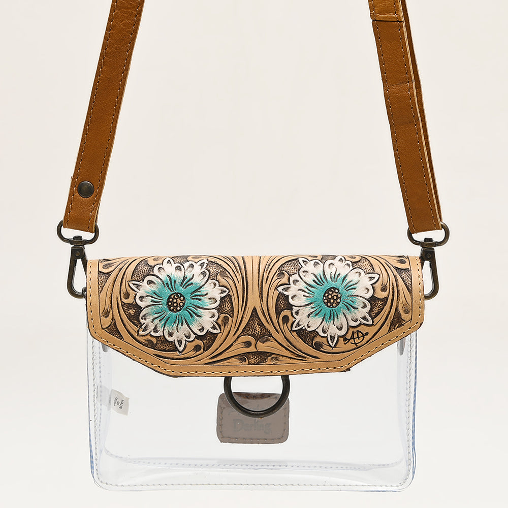 ADBGZ720 Clear Western Crossbody Bag with Turquoise Floral Tooled Leather Flap - Stadium Compliant