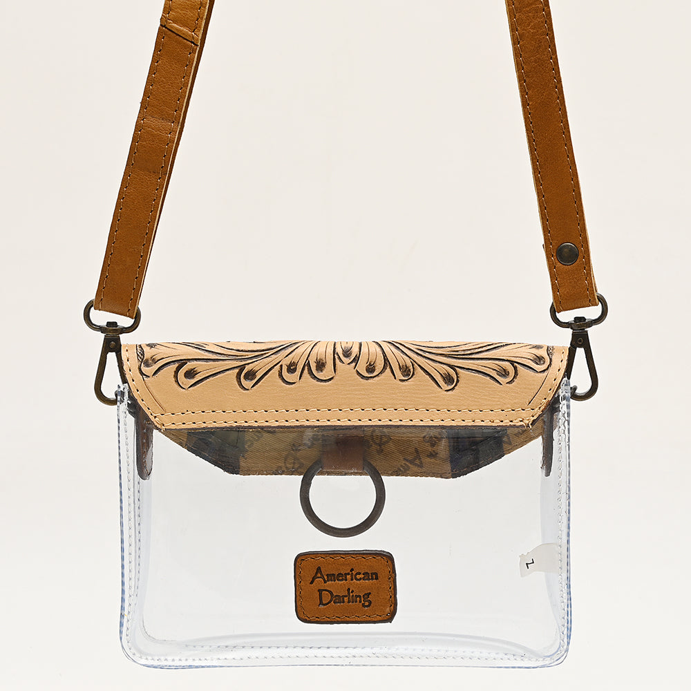 ADBGZ720 Clear Western Crossbody Bag with Turquoise Floral Tooled Leather Flap - Stadium Compliant
