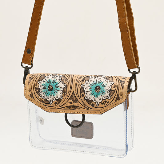 ADBGZ720 Clear Western Crossbody Bag with Turquoise Floral Tooled Leather Flap - Stadium Compliant