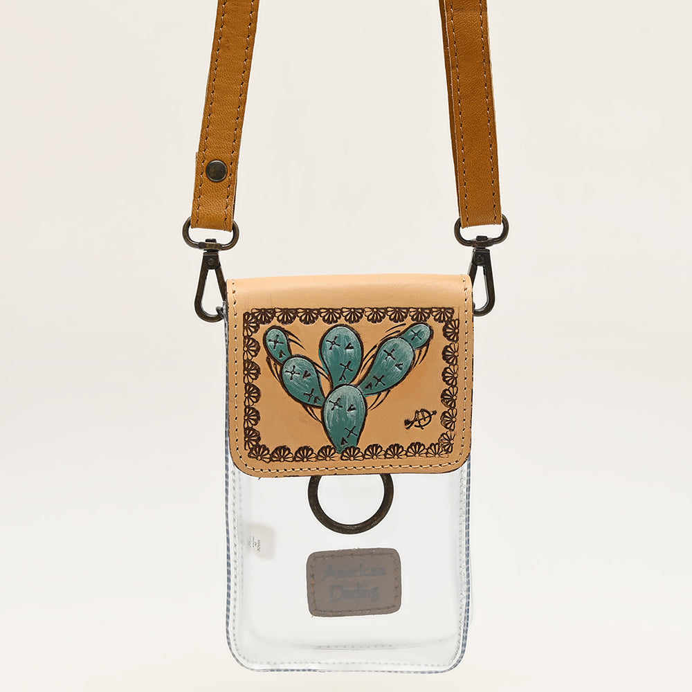 ADBGZ721 Clear Crossbody Bag with Cactus Tooled Leather Flap - Stadium Approved Western Purse