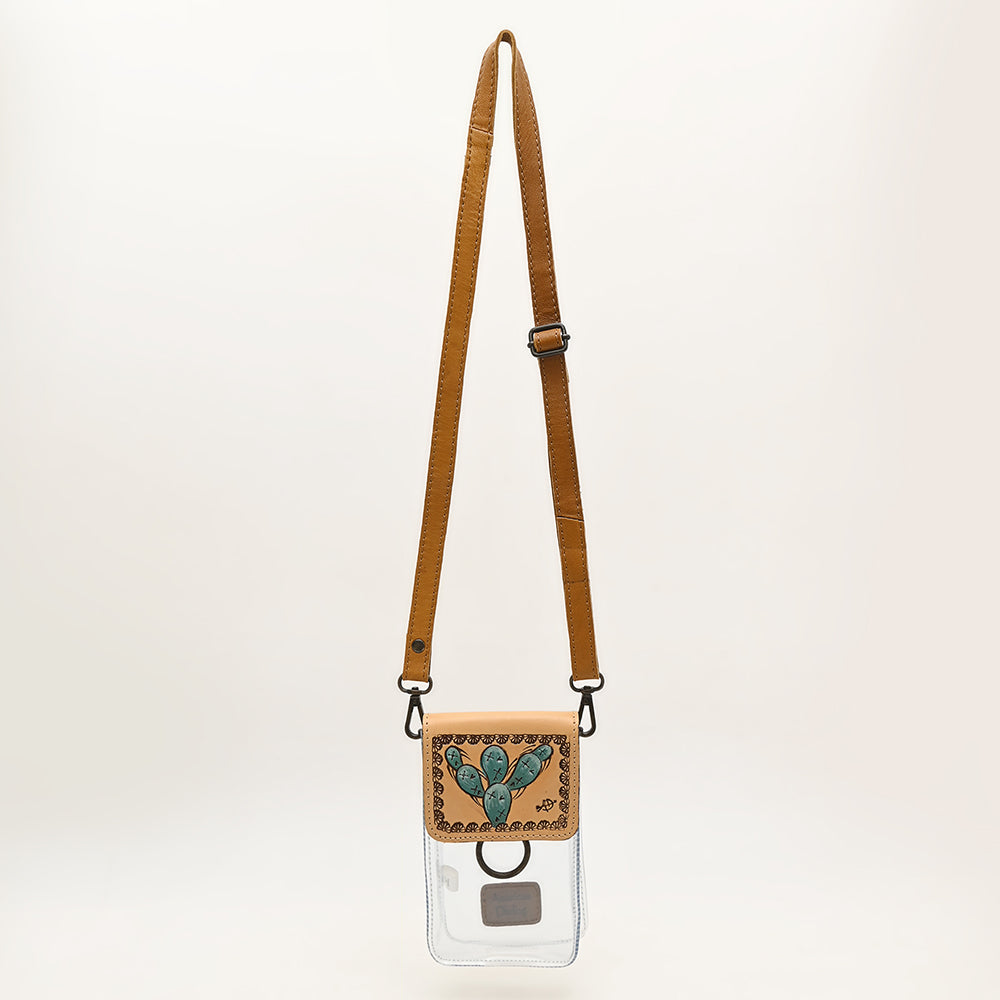ADBGZ721 Clear Crossbody Bag with Cactus Tooled Leather Flap - Stadium Approved Western Purse