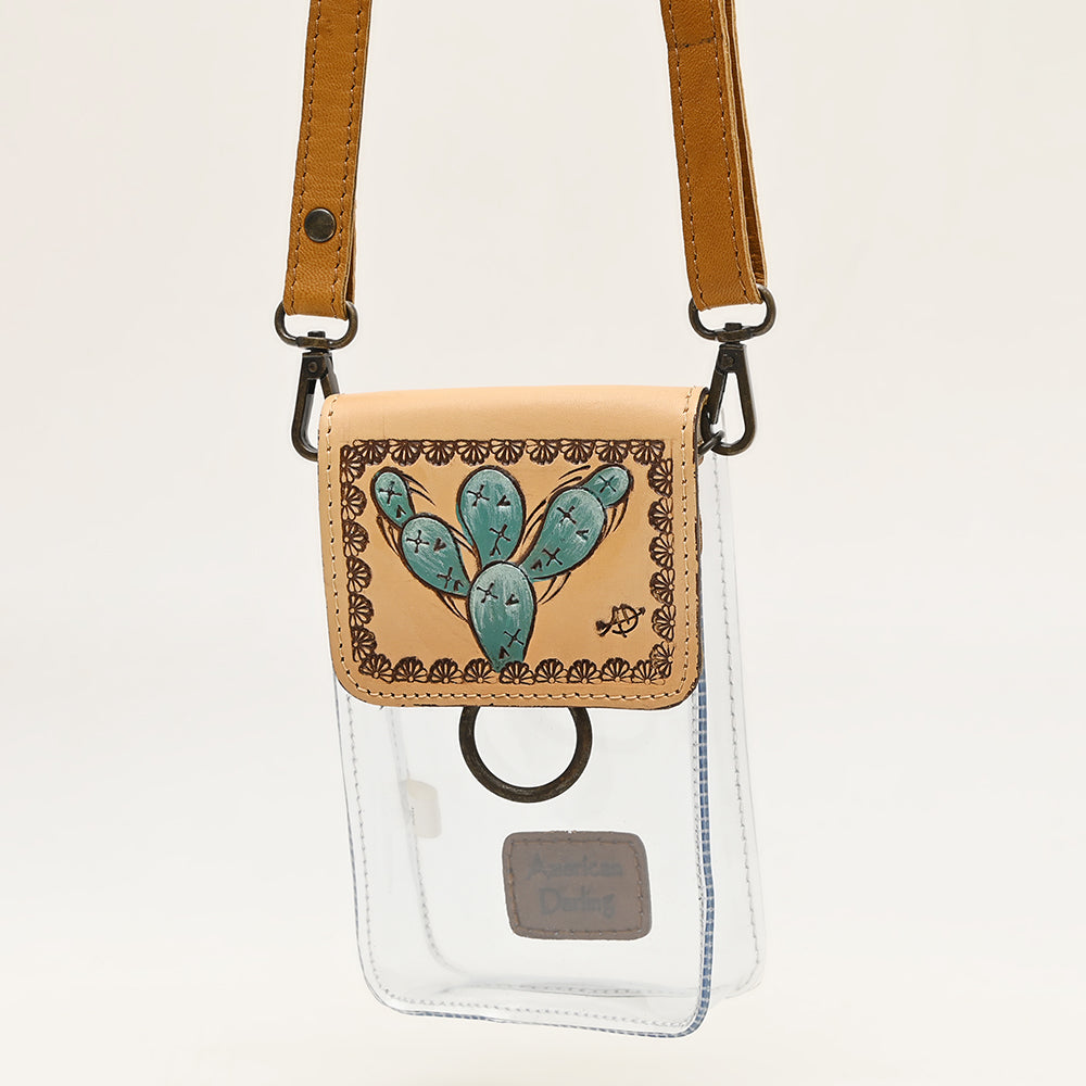 ADBGZ721 Clear Crossbody Bag with Cactus Tooled Leather Flap - Stadium Approved Western Purse