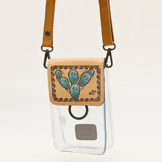 ADBGZ721 Clear Crossbody Bag with Cactus Tooled Leather Flap - Stadium Approved Western Purse