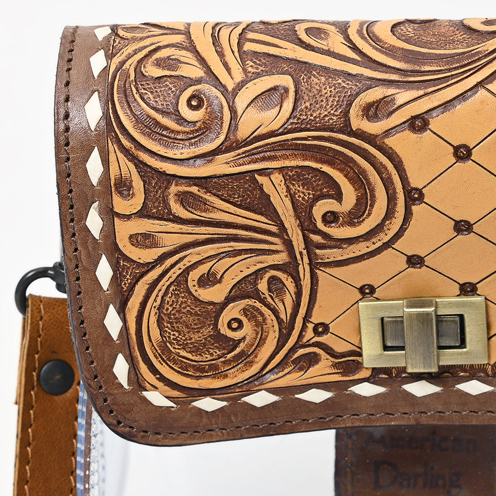 ADBGZ722 Clear Crossbody Bag with Quilted Tooled Leather Flap - Western Stadium-Approved Purse