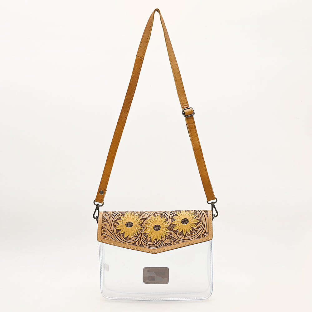 ADBGZ723 Clear Western Crossbody Bag with Turquoise Floral Tooled Leather Flap - Stadium Compliant