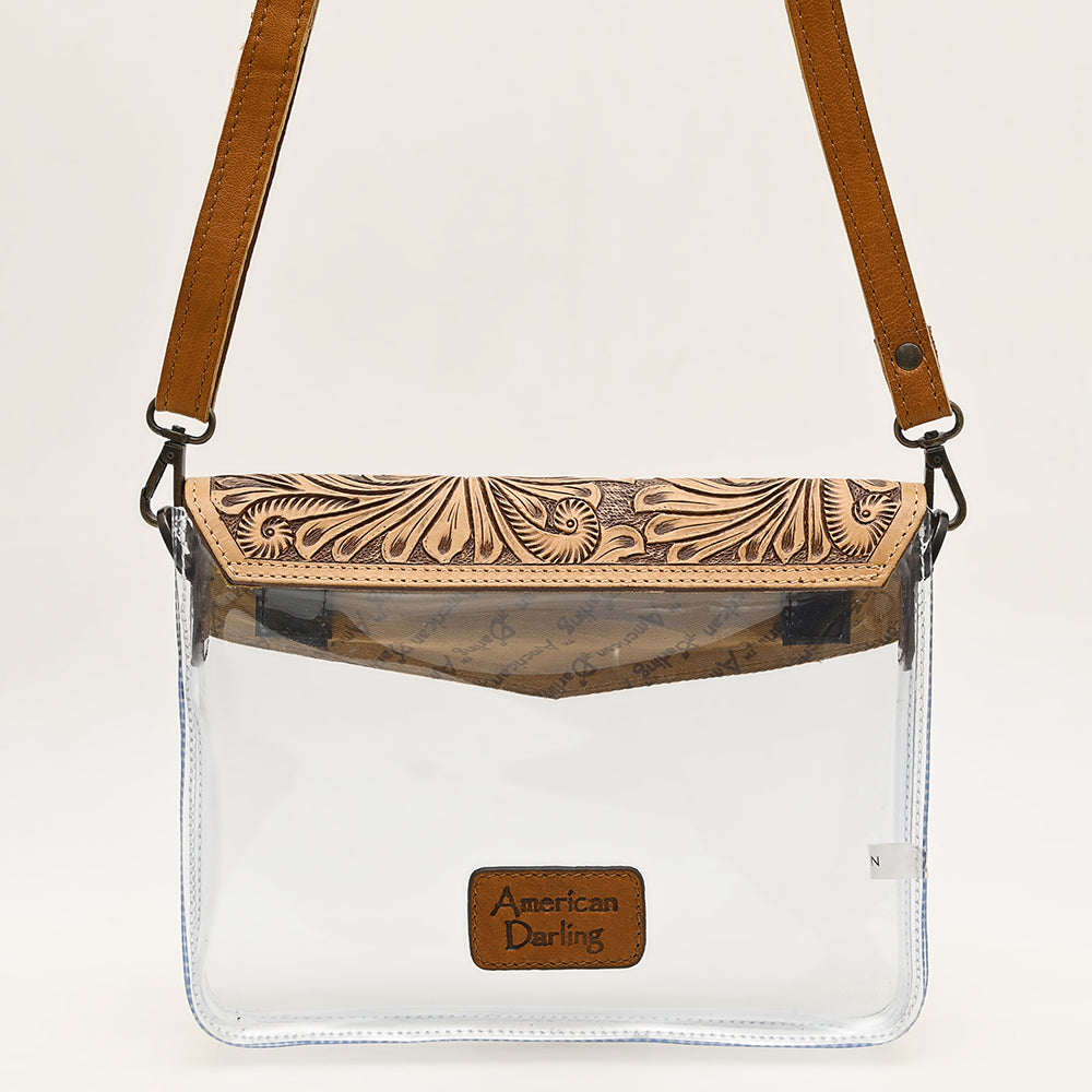 ADBGZ723 Clear Western Crossbody Bag with Turquoise Floral Tooled Leather Flap - Stadium Compliant