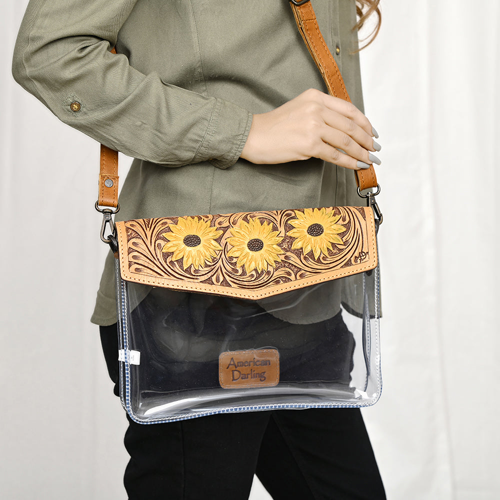ADBGZ723 Clear Western Crossbody Bag with Turquoise Floral Tooled Leather Flap - Stadium Compliant